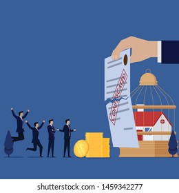 Business team pay for confiscated home loan letter ripped. Illustration For Wallpaper, Banner, Background, Book Illustration, And Web Landing Page.