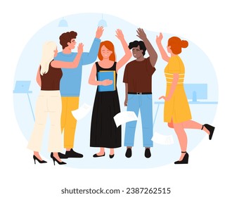 Business team people celebrate victory together vector illustration. Cartoon happy employees group with hands up showing pose of success achievement and triumph, unity of young cheerful colleagues