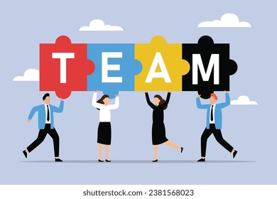 Business team - people connecting puzzle elements - teamwork 2D flat vector concept for banner, website, illustration, landing page, flyer, etc