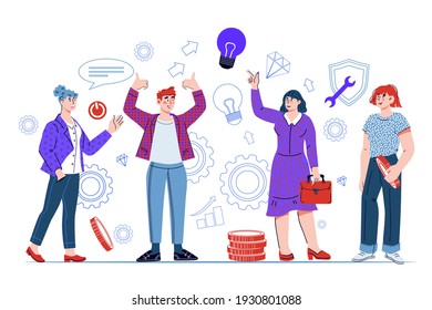 Business Team  People With Lightbulb, Cartoon Vector Illustration Isolated On Background. Brainstorming And Teamwork, Funding  For Innovation And Crowdfunding .