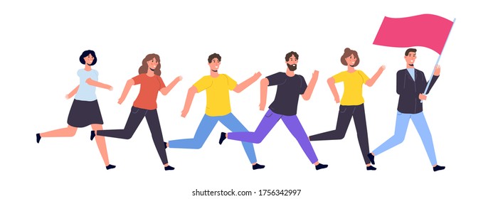 Business team, People running with flag. Vector illustration