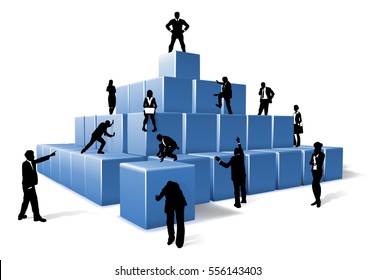 A Business Team Of People Silhouettes Working Together Using Big Building Blocks To Make A Structure. Concept For Teamwork 