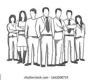 Business Team People Sketch. Company Business Group Office Clerks. Staff And Manager. Leader And Boss. Hatched Drawing Picture. Hand Drawn Vector.