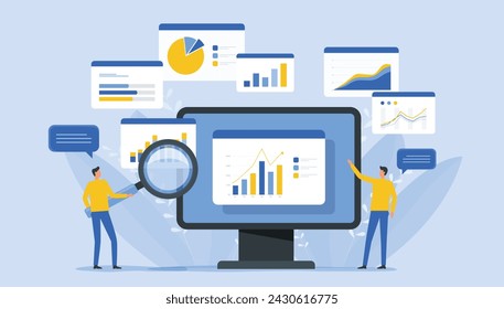 business team people working for data analytics research. and monitoring on the web report dashboard monitor. business finance investment planning design flat vector illustration design concept