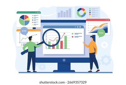 Equipes de negócios que trabalham para pesquisa e monitoramento de análise de dados no monitor do painel de controle de relatórios da Web. Conceito de planejamento de investimento em financiamento de negócios. Ilustração vetorial.