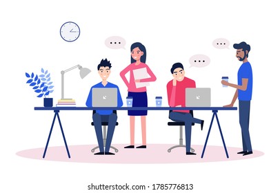 Business team people working. Network and teamwork. People talking and working together on laptops in office. Flat design characters. Vector illustration.