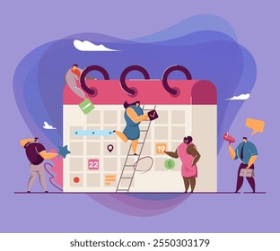 Business team planning events for month with giant calendar. Flat vector illustration. Office workers creating business schedule, defining aims. Entrepreneurship, time management, campaign concept