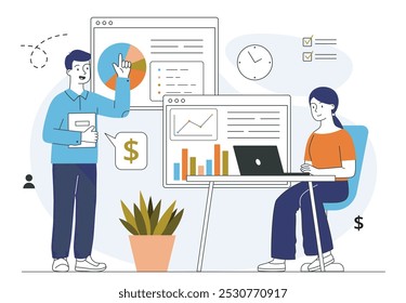 Proyecto de planificación del equipo de negocio. Hombre y mujer con gráficos y diagramas. Los analistas llevan a cabo investigaciones de marketing. Lluvia de ideas y trabajo en equipo. Ilustración vectorial lineal aislada sobre fondo blanco