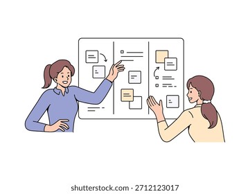 Projektabläufe und Aufgabenverteilung im Business Team auf einem Board planen. Illustration Flaches Vektordesign.