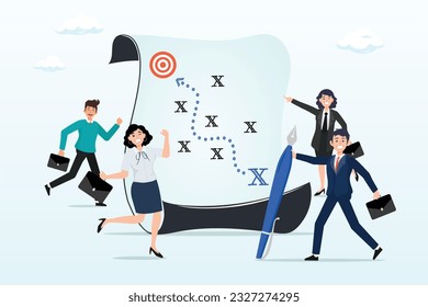 Business team planning for success tactic chart, strategic planning, plan to overcome difficulty or obstacle to reach goal or target, team brainstorm or competitor analysis, business success (Vector)