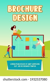 Business team planning tasks. Managers sticking paper notes on board flat vector illustration. Teamwork, project management concept for banner, website design or landing web page