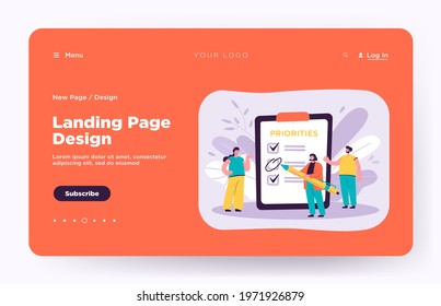Business team planning work, making to do list, working together, discussing progress. Manager prioritizing tasks in checklist. Vector illustration for agenda, management, teamwork concept