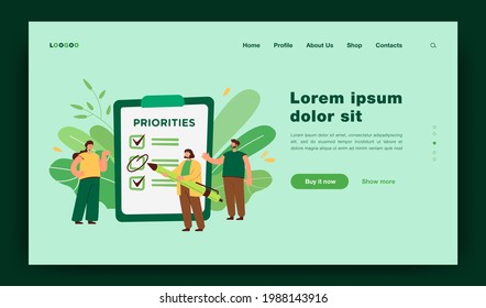Business team planning work, making to do list, working together, discussing progress. Manager prioritizing tasks in checklist. Vector illustration for agenda, management, teamwork concept