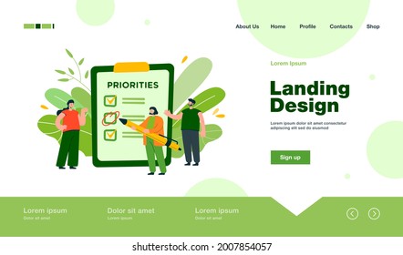 Business team planning work, making to do list, working together, discussing progress. Manager prioritizing tasks in checklist. Vector illustration for agenda, management, teamwork concept