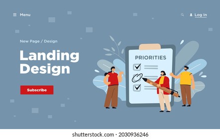 Business team planning work, making to do list, working together, discussing progress. Manager prioritizing tasks in checklist. Vector illustration for agenda, management, teamwork concept