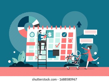 El equipo de negocios planea trabajar en un enorme calendario de escritorio, una ilustración de diseño de estilo plano vectorial. Planificación de calendarios, planificador de negocios, recordatorio, programación.