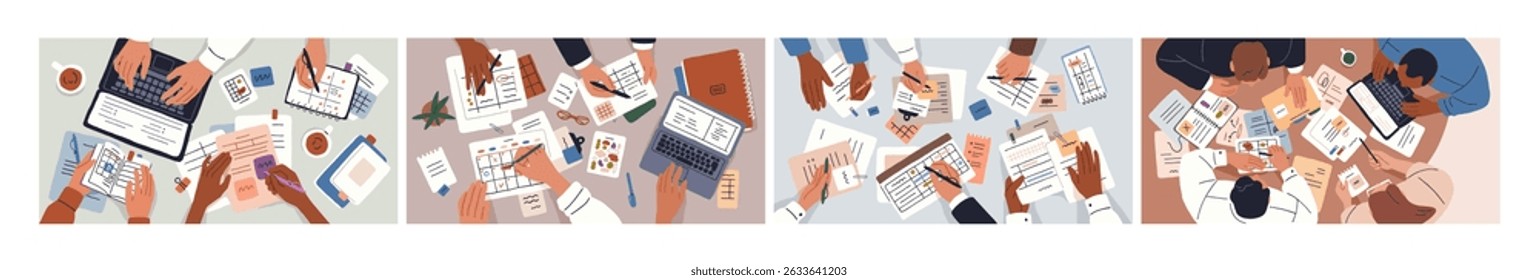 Trabalho de planejamento de equipe de negócios, vista superior acima. Grupo de escritório profissional, mãos juntas na mesa, mesa com laptop, documento, calendário. Trabalho em equipe, conceito de brainstorming. Ilustrações de vetor planas