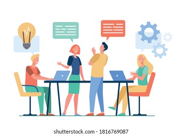 Business team planning working process flat vector illustration. Cartoon colleagues talking, sharing thoughts and smiling in company office. Teamwork and workflow concept