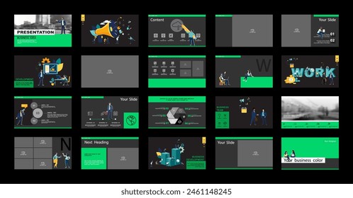 Business team plans business presentation, financial, powerpoint, launch of new technologies. Elements design template, black background, set.A team of people creates a business, teamwork. Infographic