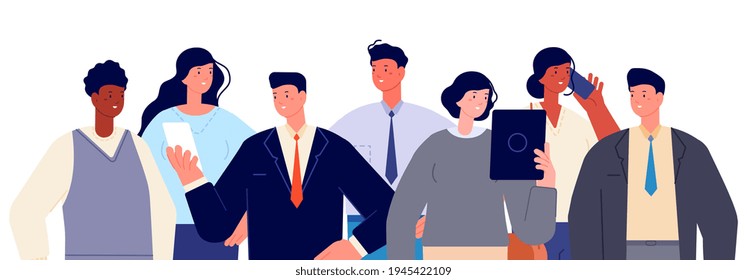 Business team portrait. People together, women corporate members. Cartoon job boy, entrepreneur or employee office group utter vector concept