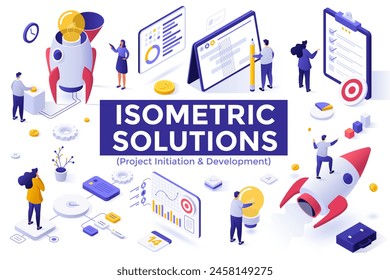 Business team preparing innovative startup launch. Project initiation and development isometric solutions elements collection. Commercial innovation analytics process 3d vector illustrations