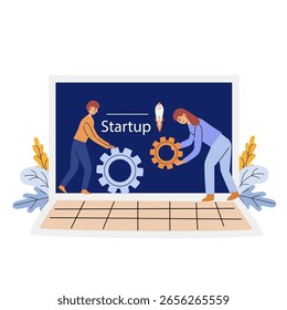 Business-Team bereitet Start-up, Montage Zahnräder, neue Business-Startup-Konzept. Kann für die Verleih Seite, Flyer oder Banner verwendet werden.