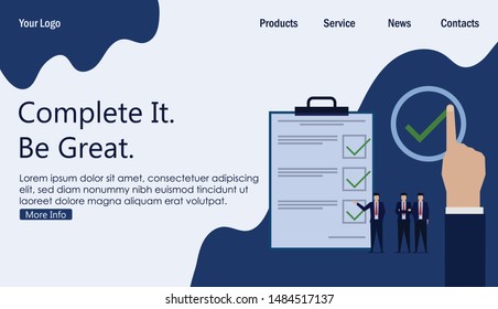 Business team presentation completed task review. Business Landing Page Template.