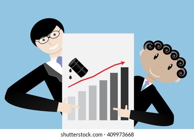 Business team presentation oil up increase. Industry gasoline and rise oil, growth petrol financial price. Vector flat design illustration