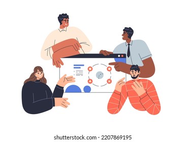 Business team presenting digital project, work. Presentation of website interface design. Teamwork and online web internet product. Flat graphic vector illustration isolated on white background