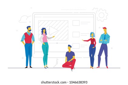 Business team presenting a website - flat design style colorful illustration on white background. A composition with office workers or businessmen and linear computer monitor behind them