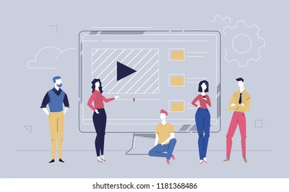 Business team presenting a website - flat design style colorful illustration on gray background. A composition with young office workers, businessmen, colleagues showing video on computer monitor