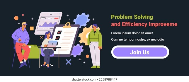 Business team problem solving efficiency improvement teamwork collaboration charts checklist gears dark background website banner