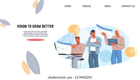 Business Team In Process Of Data Analytics Or Market Research, Cartoon Flat Vector Illustration For Website And Poster. Business People People Launching Project Or Studying Financial Data.