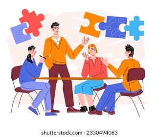 Business team in the process of discussion and brainstorming, flat vector illustration isolated on white background. Business meeting, cooperation and negotiation concept.