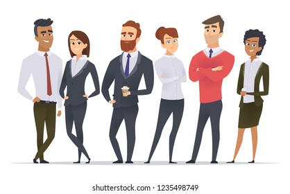 Business team. Professional workers happy partners group team building office male and female managers standing vector characters