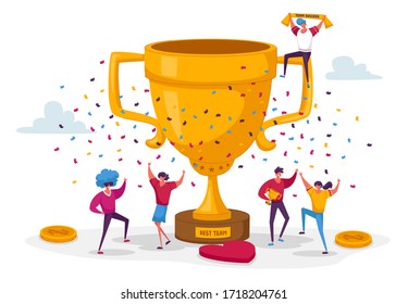 Business Team Project Success. Group of People Characters Stand at Huge Golden Goblet Celebrate Victory, Winners Prize and Award. Teamworking and Company Growth Concept. Linear Vector Illustration