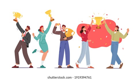 Business Team Project Success. Group of People Characters Holding Golden Goblet or Cups Celebrate Victory, Winners Prize and Award. Teamworking and Company Growth Concept. Cartoon Vector Illustration