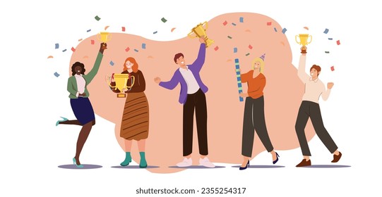 Business Team Project Success. Group of People Characters Holding Golden Goblet or Cups Celebrate Victory, Winners Prize and Award. Concepts of teamwork, winning and success.Cartoon Vector 