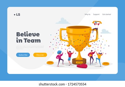 Business Team Project Success Landing Page Template. People Characters Stand at Huge Golden Goblet Celebrate Victory, Winners Prize and Award. Teamwork and Company Growth. Cartoon Vector Illustration