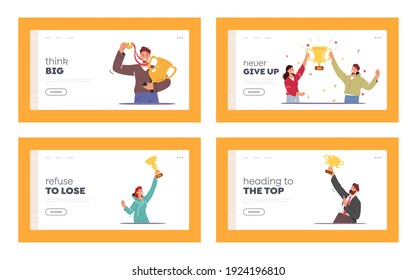 Business Team Project Success Landing Page Template Set. Characters Holding Golden Cups Celebrate Victory, Winners Prize and Award. Teamwork and Company Growth. Cartoon People Vector Illustration