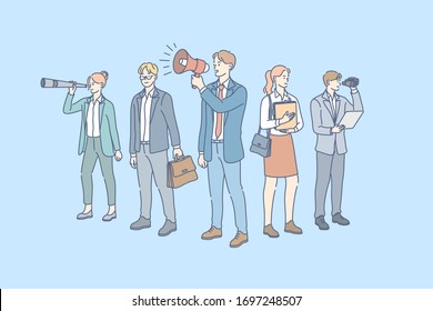 Business team, promotion, recruitment, focus group concept. Team of young businessmen, women clerks managers coworkers together. Office teamwork. Work of focus group. Financial promotion, recruitment.