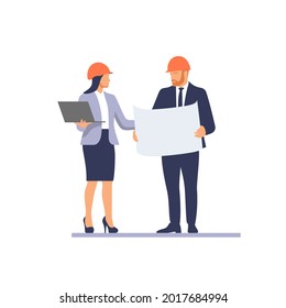 Business team in protective helmets discussing construction project, architecture. Vector illustration.