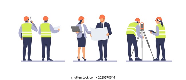 Business team in protective helmets discussing construction project. Surveyor engineers with equipment, theodolite or total positioning station on the construction site.. Vector illustration.
