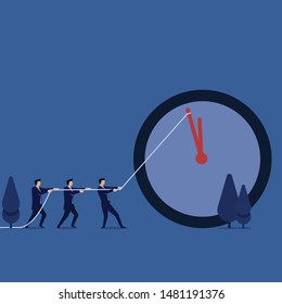 Business team pull clockwise metaphor of work hours. Illustration For Wallpaper, Banner, Background, Book Illustration, And Web Landing Page.