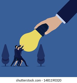 Business team pull idea bulb from being stolen by big hand metaphor of stealing idea. Illustration For Wallpaper, Banner, Background, Book Illustration, And Web Landing Page.