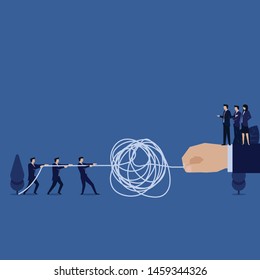 Business team pull tangled rope and hand as a client metaphor of problem solving. Illustration For Wallpaper, Banner, Background, Book Illustration, And Web Landing Page.