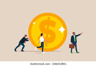 Business team pulling large coin. Business financial concept. Flat cartoon vector illustration