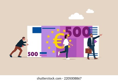 Business team pulling large euro bill. Business financial concept. Flat cartoon vector illustration.