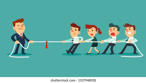 Business team pulling rope against successful businessman. Competing in tug of war competition. Business competition concept.