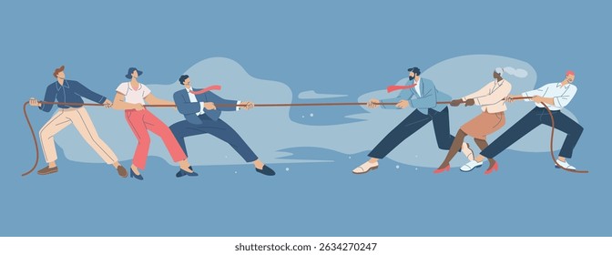 Business team pulling rope with business competitors, Team rope pulling, Business competition, Office conflict, Competition symbol, Flat vector design illustration.